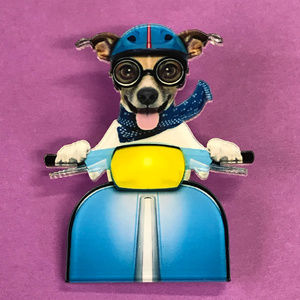 Terrier Dog Riding Scooter Acrylic Pin Brooch